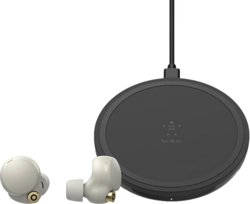 Sony WF 1000XM4 Zilver + Belkin Boost Up Draadloze Oplader 10W Zwart