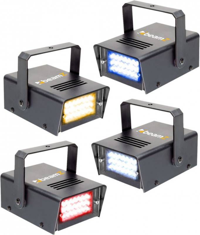 BeamZ BMS24SET Mini Stroboscoop LED set van 4 mini stroboscopen RYBW